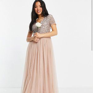 Maya Petite Bridesmaid short sleeve maxi tulle dress with tonal delicate sequins